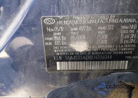 2020 Hyundai Santa Fe Sel z USA, uszkodzony, nr VIN 5NMS33AD8LH206044